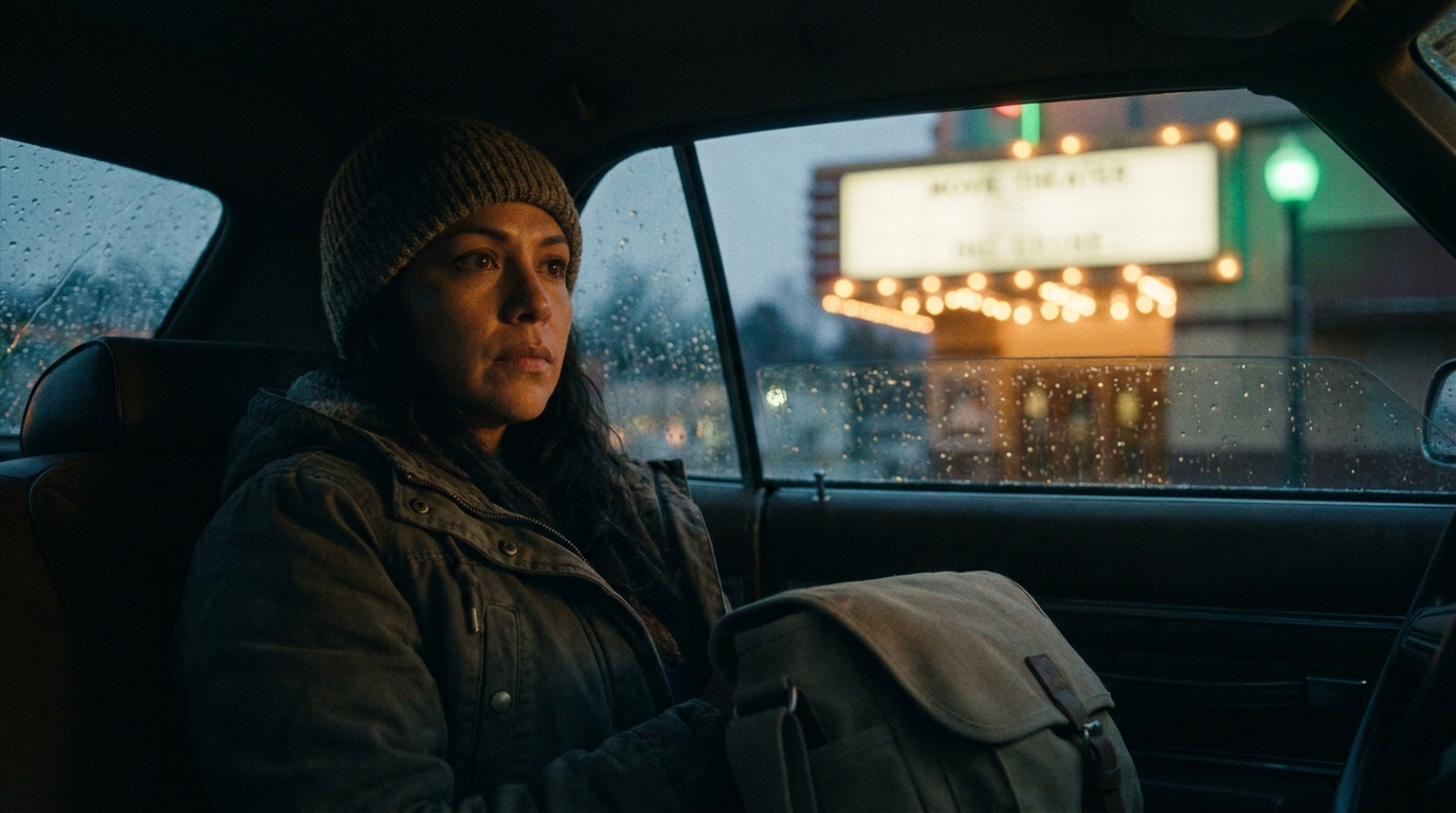 A filmmaker parked outside a small-town theater at dusk