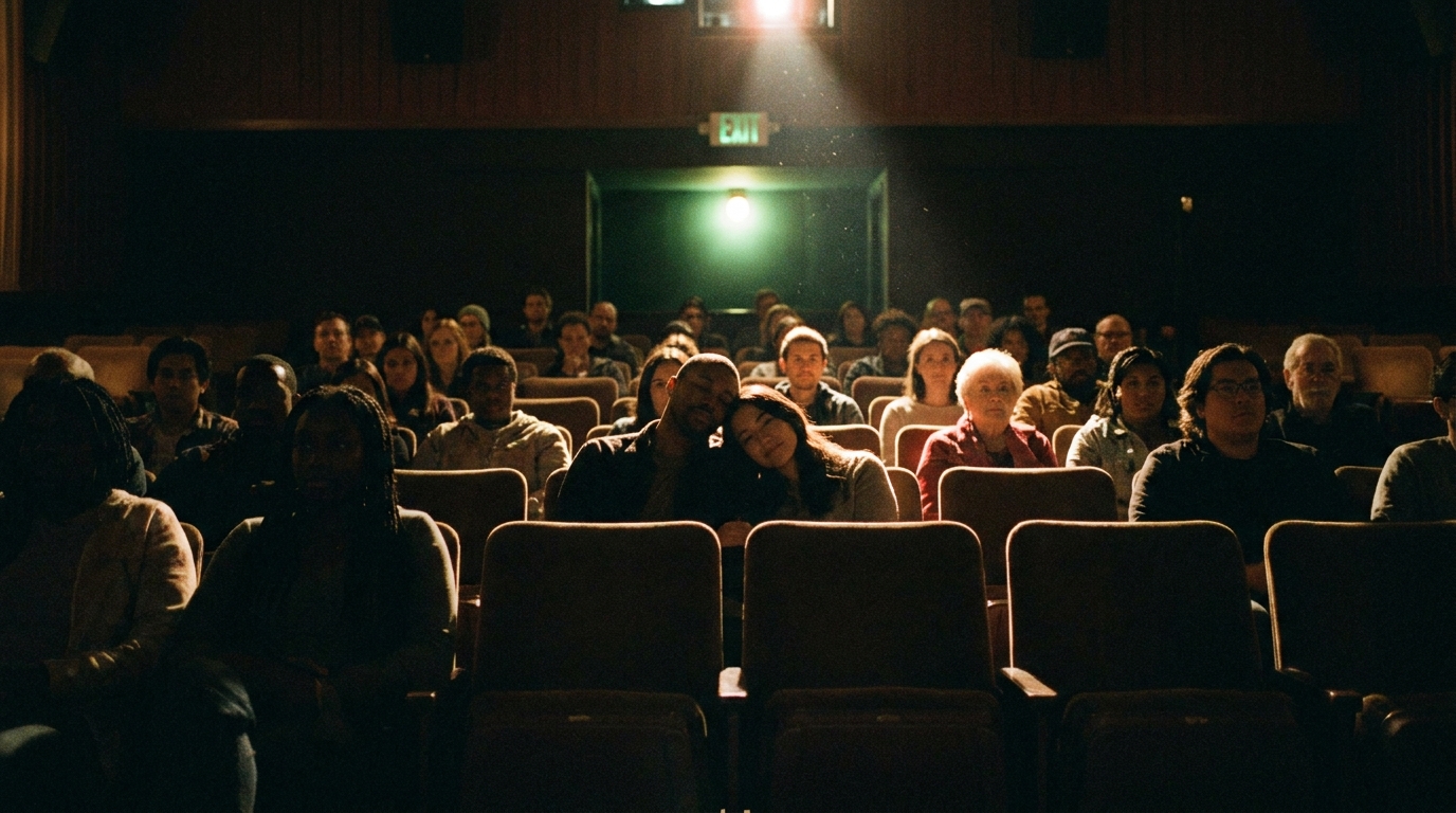 A packed independent theater audience lit by the screen's glow
